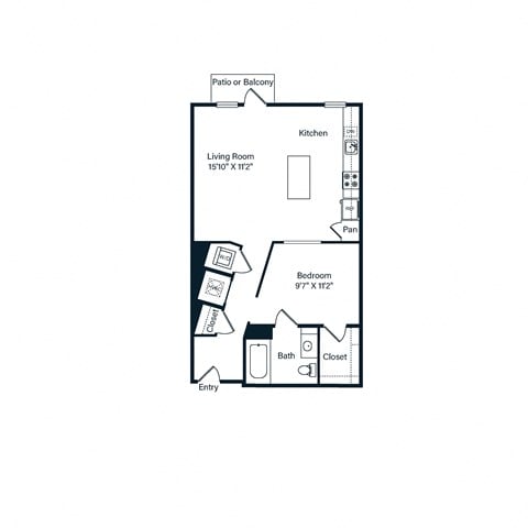 Floor plan for studio, 1 bath, 683 sqft